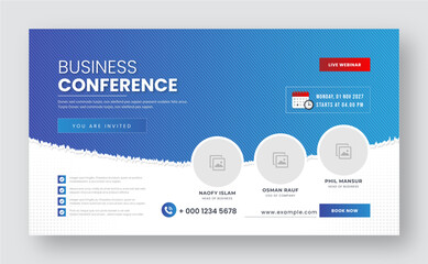 Business webinar invitation design. Webinar and business conference social media banner template. Online live webinar banner invitation template. Business conference flyer. Annual business conference