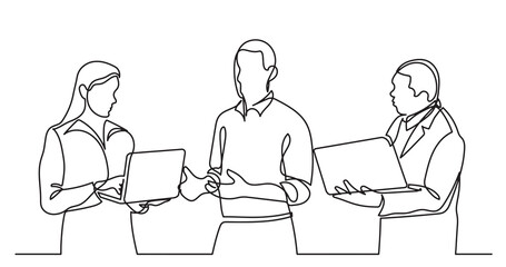 continuous line drawing of standing business people talking -  PNG image with transparent background