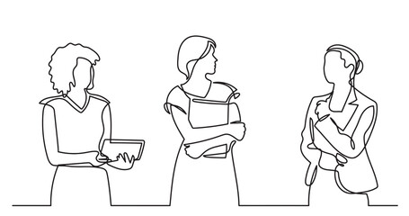 continuous line drawing of standing business people talking -  PNG image with transparent background
