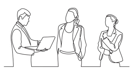 continuous line drawing of standing business people talking -  PNG image with transparent background