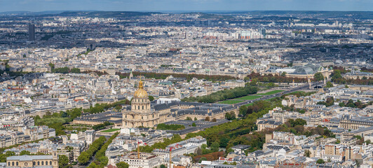Aerial view of Les Invalides Cathedral dome in Paris. France