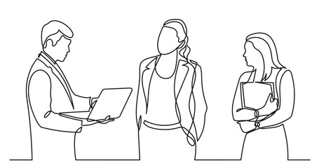 continuous line drawing of standing business people talking -  PNG image with transparent background