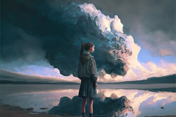 Girl in the clouds surreal illustration