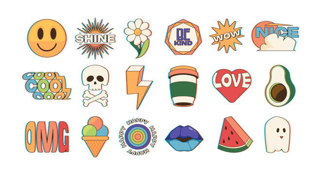Naklejki Trendy sticker pack. Cartoon doodle patches and stamps with abstract comic characters and text, trendy hipster badges with funny phrase. Vector set of graphic funny sticker and patch illustration