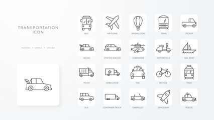 Transportation Icons with black outline style