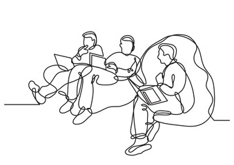 Fototapeta na wymiar continuous line drawing programmers with laptops on bean bags - PNG image with transparent background