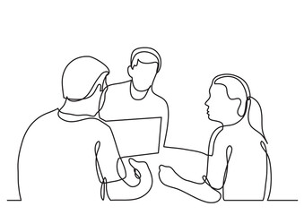 continuous line drawing three coworkers discussing - PNG image with transparent background
