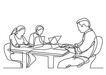 continuous line drawing three coworkers working - PNG image with transparent background