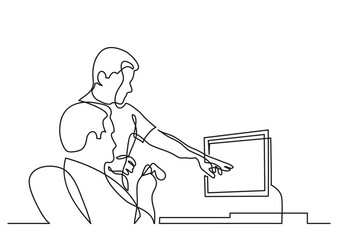 continuous line drawing two coworkers discussing work on screen - PNG image with transparent background