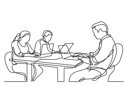 continuous line drawing three coworkers working - PNG image with transparent background