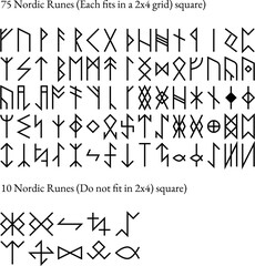 Nordic rune alphabet. 75 Viking symbols and runes with 10 alternative symbols. Norse characters. editable stroke.