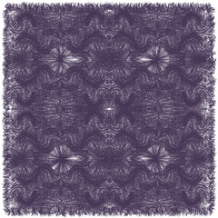 Square rug, mat, doormat, carpet in black and white colors with grunge wavy, swirl symmetrical pattern and rough fringe isolated on white