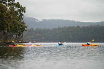 friends going for a kayak on a lake in summer time