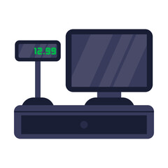 Cash machine for checkout vector illustration. Drawing of POS terminal, fiscal cash register with money, cashier till machine with screen, receipt printers. Payment concept
