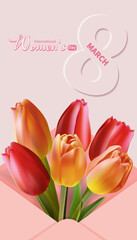 8 March International Women's Day card with realistic tulips