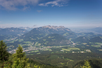 Naklejka na ściany i meble Views of the Bavarian Alps from de Eagle’s Nest (Kehlsteinhaus in German), in the Berchtesgadener Land district of Bavaria in Germany