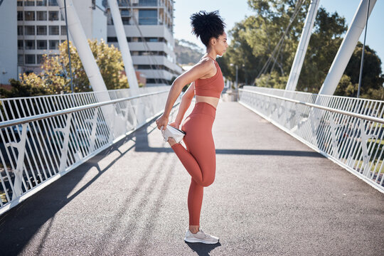 City, stretching legs and body of woman in fitness exercise, runner workout or training in sports fashion on bridge. Warm up, focus and urban athlete in pilates motivation for muscle and health goals - Powered by Adobe