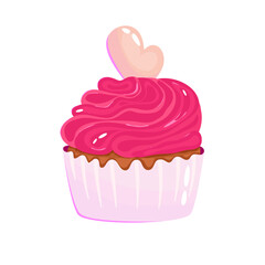 Valentines cupcake with heart isolated. Pink muffins chocolate sweet dessert for lovers. Cartoon vector illustration. Bakery for valentines day