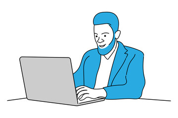 Illustration of a boy laptop use lineart vector design white background