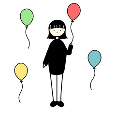 hand drawn illustration of balloons and people(medium hair )