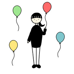  hand drawn illustration of balloons and people(pony tail)