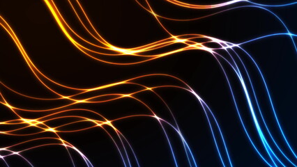 Orange blue neon curved wavy lines abstract background
