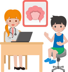 Little boy with doctor, cartoon comic vector of gastrointestinal disease
