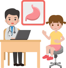 Little girl with doctor, cartoon comic vector of gastrointestinal disease