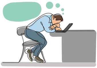 continuous line drawing depressed businessman sitting behind laptop computer - PNG image with transparent background