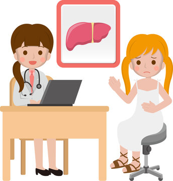 Girl with doctor, cartoon comic vector of liver disease