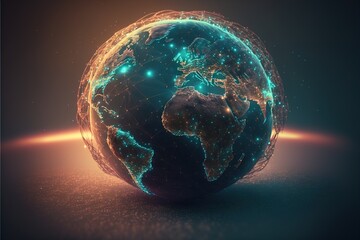 Global Network Design. Earth globe covered with glowing net AI technology. AI