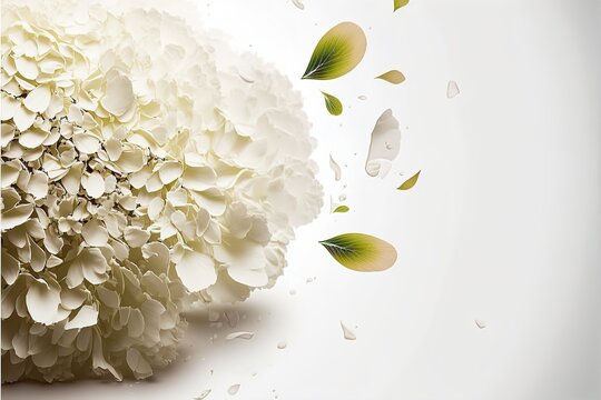 White hydrangea petals flying in the wind. AI