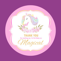 Thank card with unicorn for the girl's  birthday party. Template for baby shower thanking card