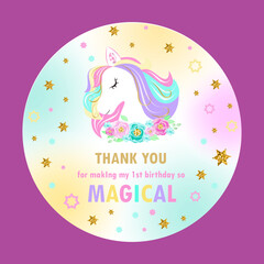 Thank card with unicorn for the girl's  birthday party. Template for baby shower thanking card