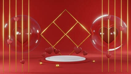 3D rendering of backdrop for displaying products for Valentine's Day red scene podium