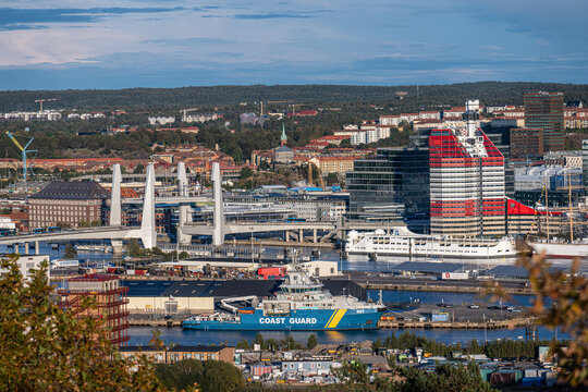Gothenburg, Sweden - september 18 2022: Coast guard KBV 001 Poseidon at port in gothenburg with Hisingsbron in the background.