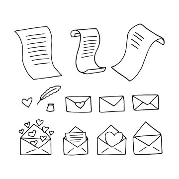 envelope with heart set hand drawn in doodle style. simple minimalistic line art. monochrome icon. love, mail.