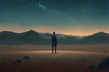 Fototapeta na wymiar A man in the desert under the starry sky