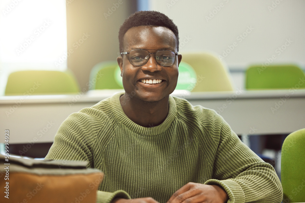 Poster black man, student and portrait in classroom for education, study and happy at college with smile. a