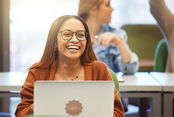 Black woman, laptop and student smile in classroom for university education, learning and school...