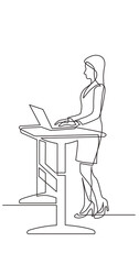 standing business woman desk laptop computer - PNG image with transparent background