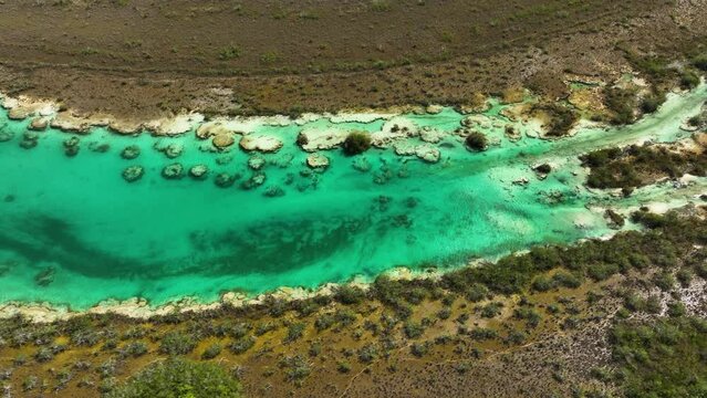 Aerial view of vibrant water and stromatolites formations, at the Rapidos de Bacalar in Mexico - tracking, drone shot