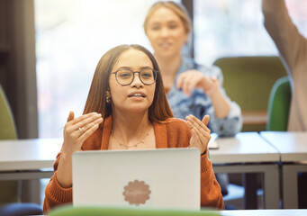 Business woman, laptop and audience opinion for idea at workshop training or seminar. Creative...