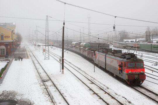Railway station in a provincial Russian city. Winter. Arrival of the train.
