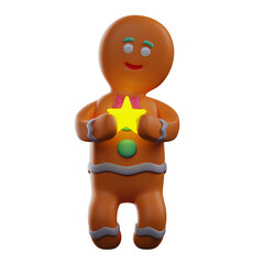 3D illustration. 3D Gingerbread Character holding a gold star. wearing a cute tie. showing cute facial expressions. 3D Cartoon Character