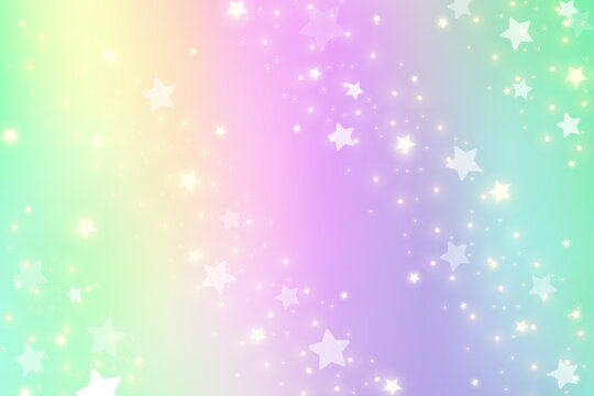Rainbow fantasy background. Holographic illustration in pastel colors. Cute cartoon girly background. Bright multicolored sky with stars. Vector.