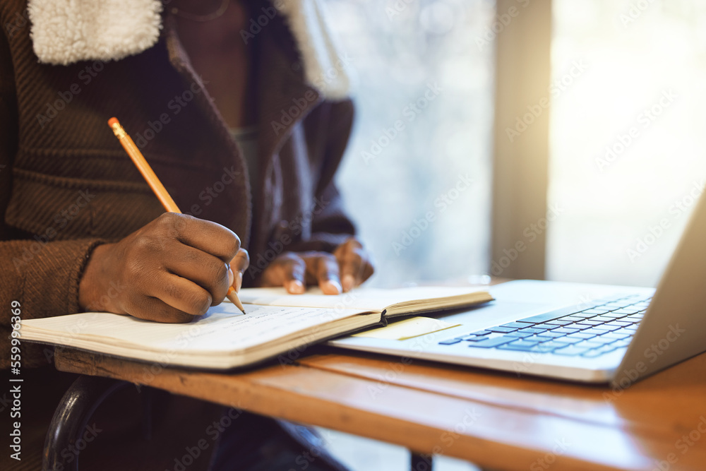 Poster Student, hands and writing in notebook, studying and learning for exams, test and creative. Black person, make notes and laptop for typing, connection and prepare for proposal, university or academic
