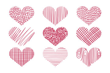 Set of hearts with decorative fill drawn by hand
