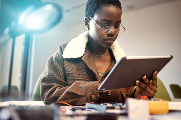 Student, education and black woman with tablet for learning, knowledge research or studying at...