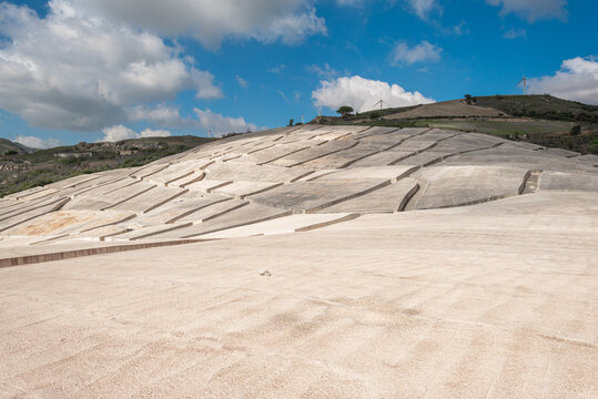 The crack of Burri, Italian Il Cretto di Burri. Monumental landscape artwork in Sicily. The village of Gibellina, destroyed by a quake, undertaken under concrete awakens as a spectacular work of art